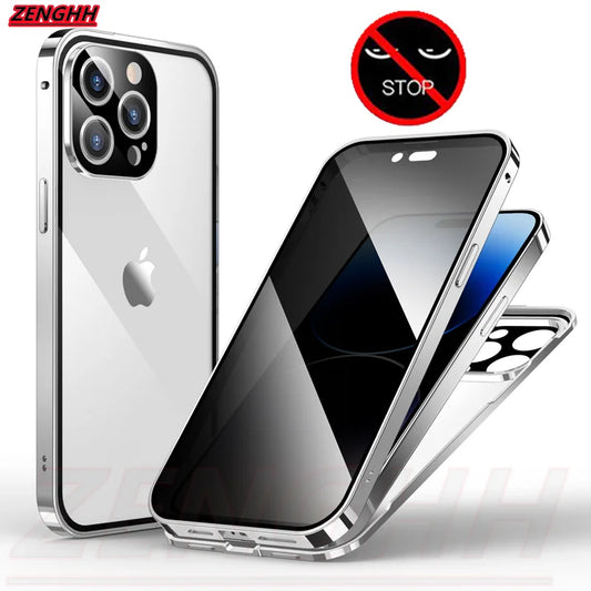 Double Glass Anti-Peep Privacy Magnetic Adsorption Case with Camera Lens Protection for iPhone 15, 14, 13, 12 Pro Max and 15 Plus